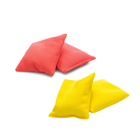 Two red organic bean bags and two yellow organic bean bags on a white background