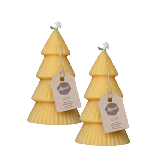 Two yellow christmas tree-shaped candles with 'dipam' tags on a white background