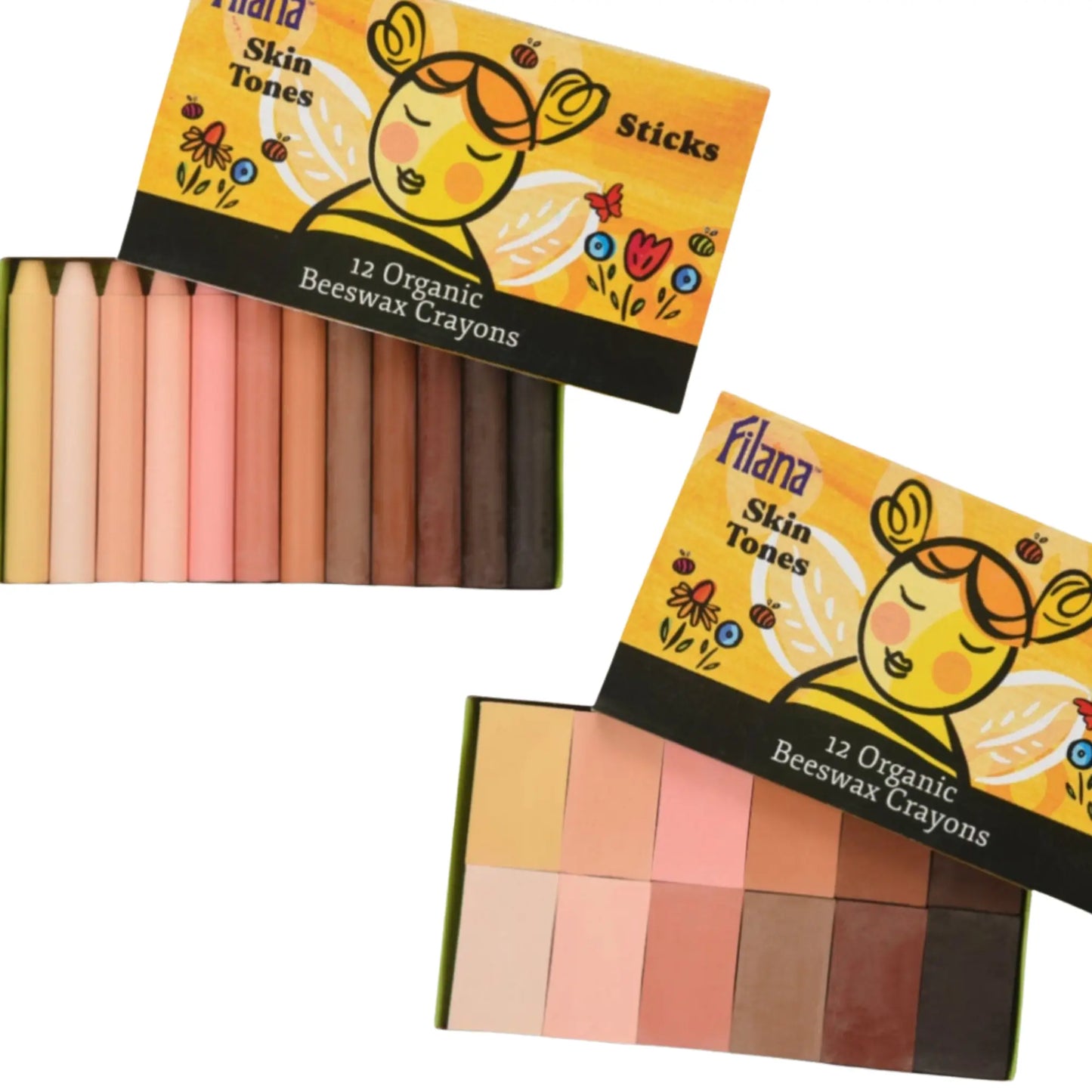 Set of organic beeswax crayons in Skin Tones with 'Filana' branding on a white background