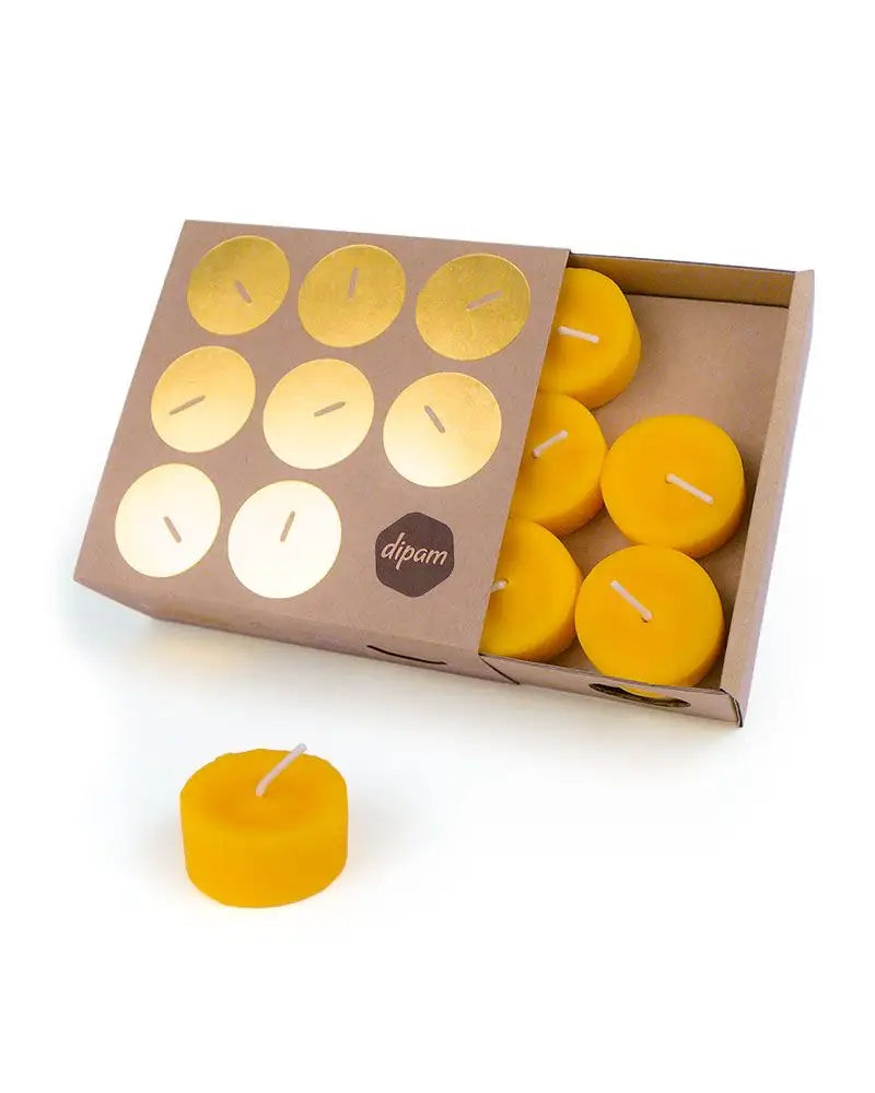 Box of Dipam Replacement Beeswax Tealights open to show the candles