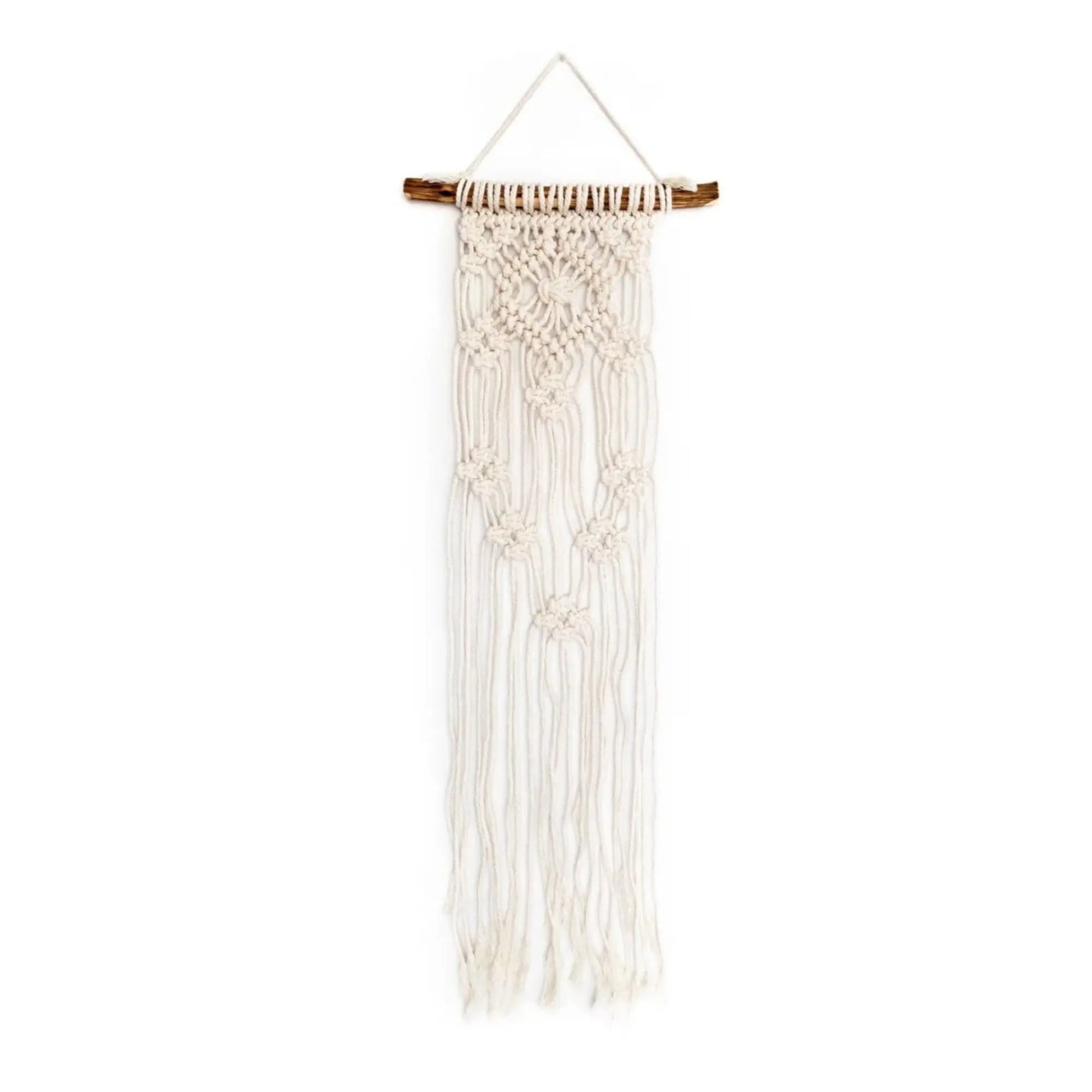 Macrame wall hanging with natural fibers on a white background