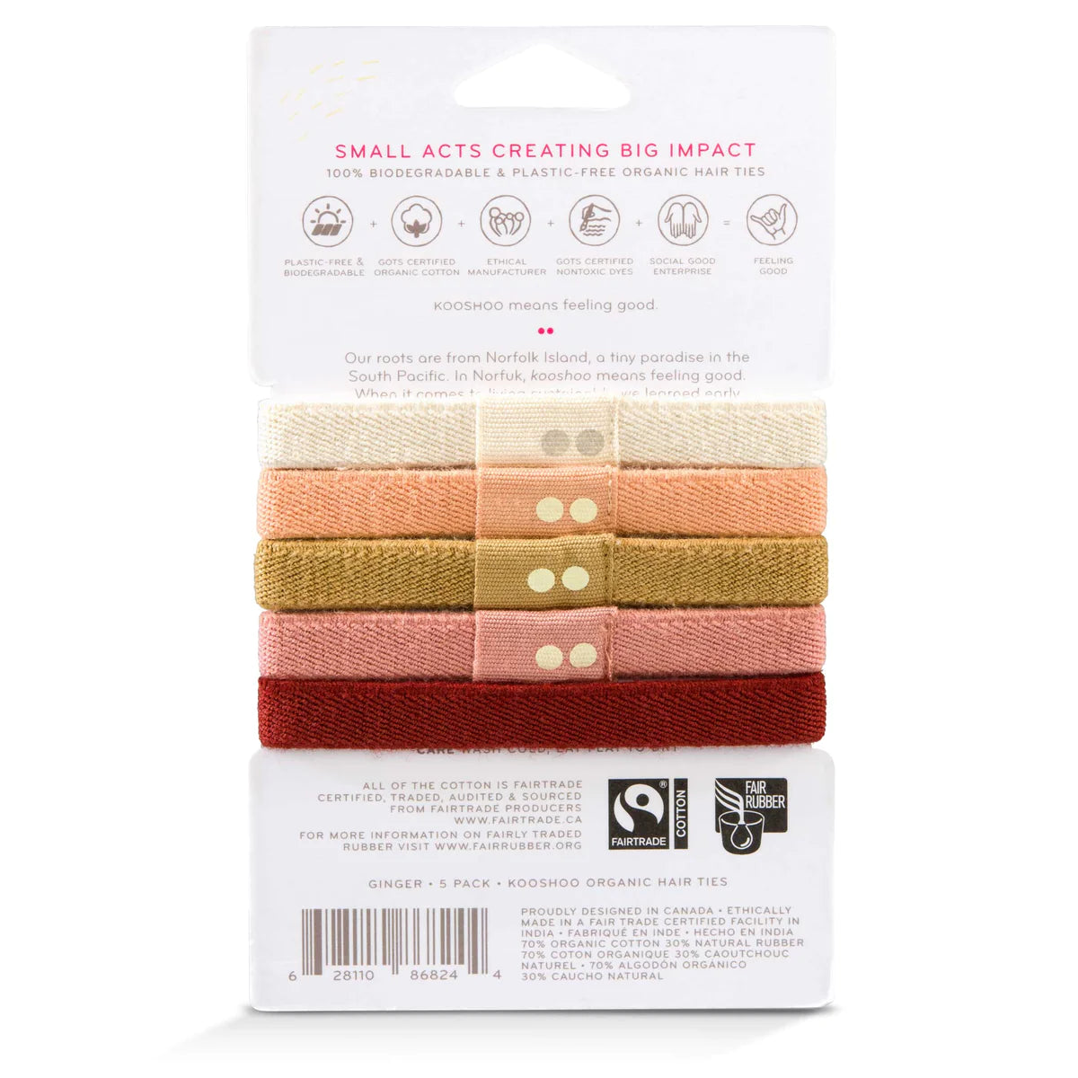 Biodegradable hair ties by Kooshoo in ginger colors showing back of package
