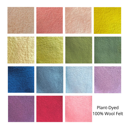 Grid of plant-dyed 100% wool felt swatches in various colors.