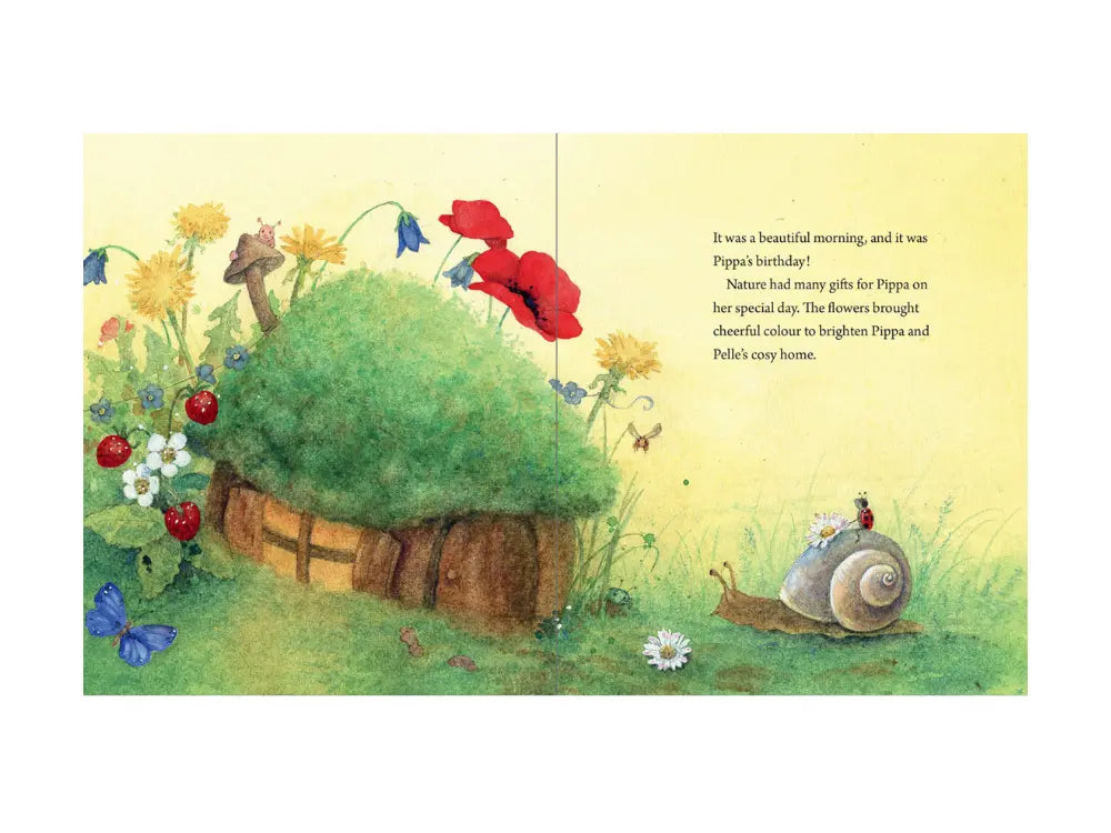 Illustration of a ladybug riding a snail in front of a gnome home with moss roof and flowers