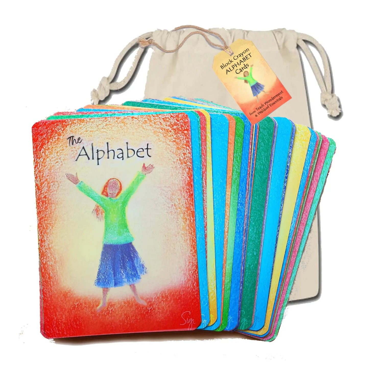 Set of colorful Waldorf inspired alphabet flashcards with a drawstring bag on a white background