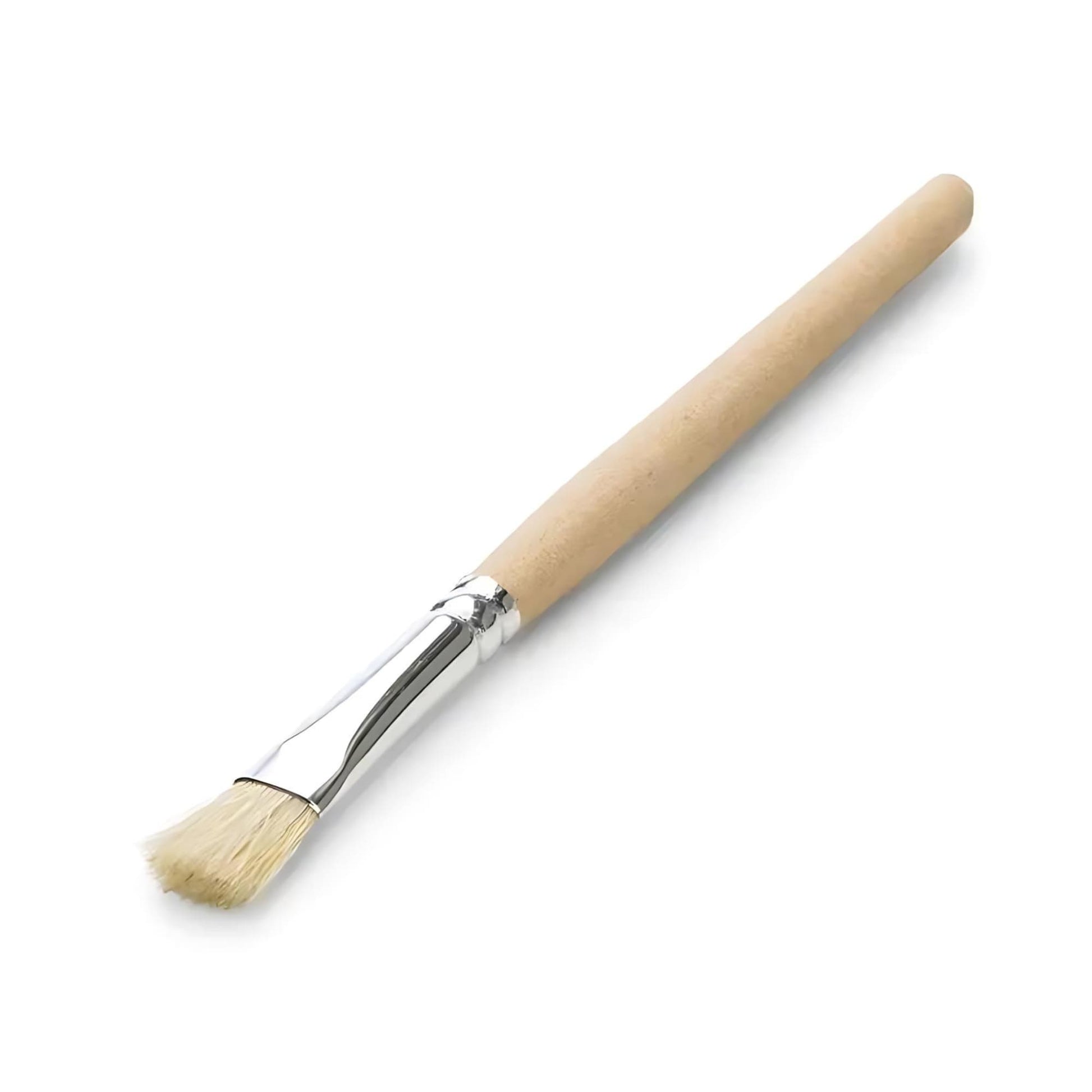 Boar bristle glue brush with wooden handle and metal ferrule on a white background