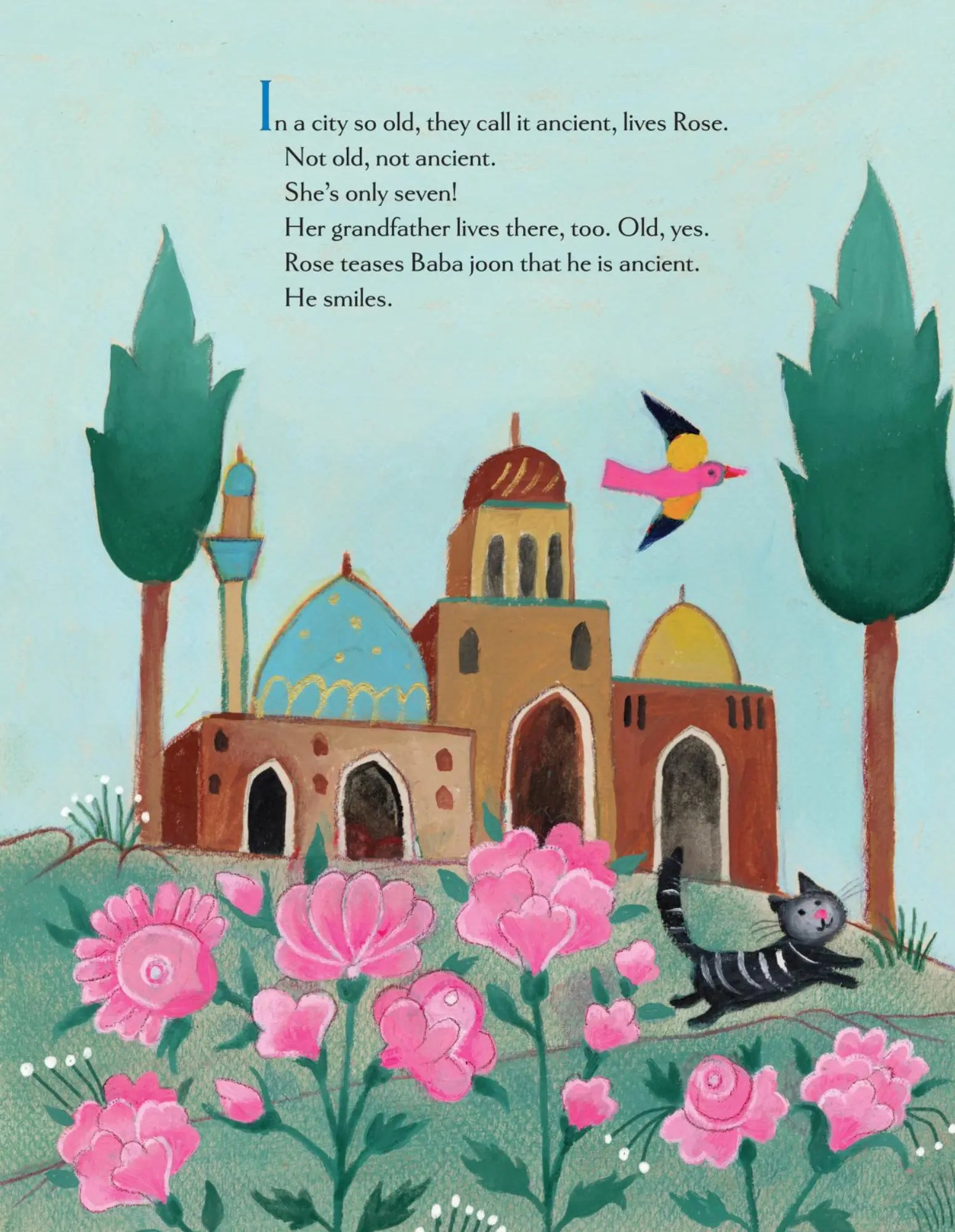 Illustration of a cityscape with buildings, flowers, and a cat, accompanied by text.