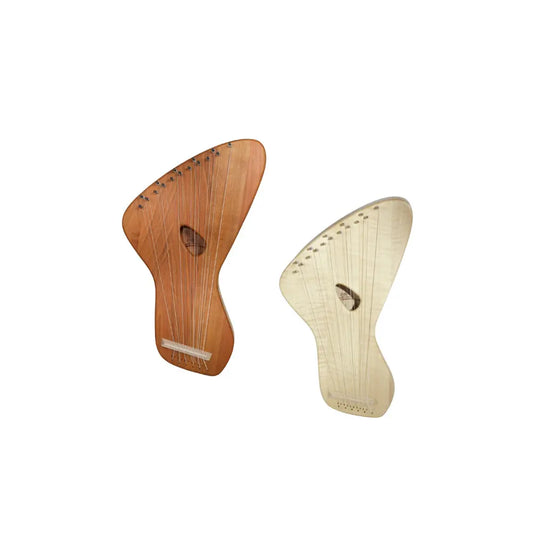 Two bordun lyres in cherry and maple wood on a white background