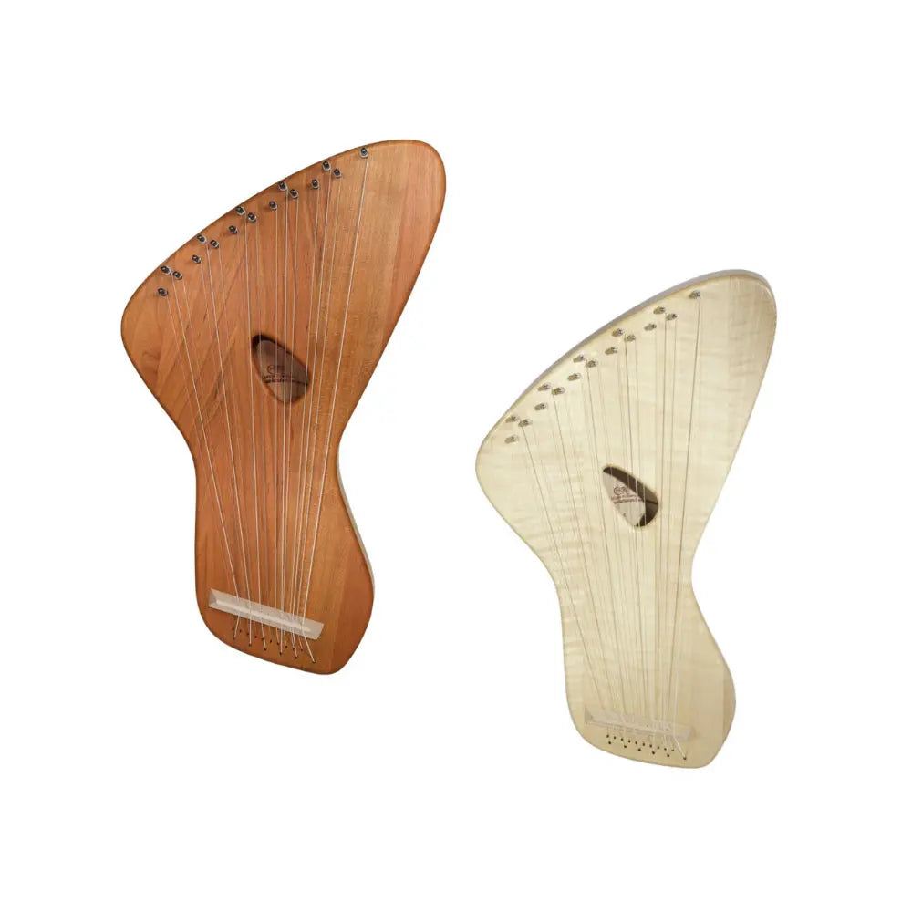 Two wooden bordun lyres made by Choroi on a white background
