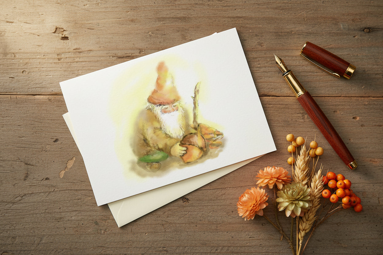 Gnome notecard in watercolors on a rustic desktop next to autumn flowers and a fountain pen