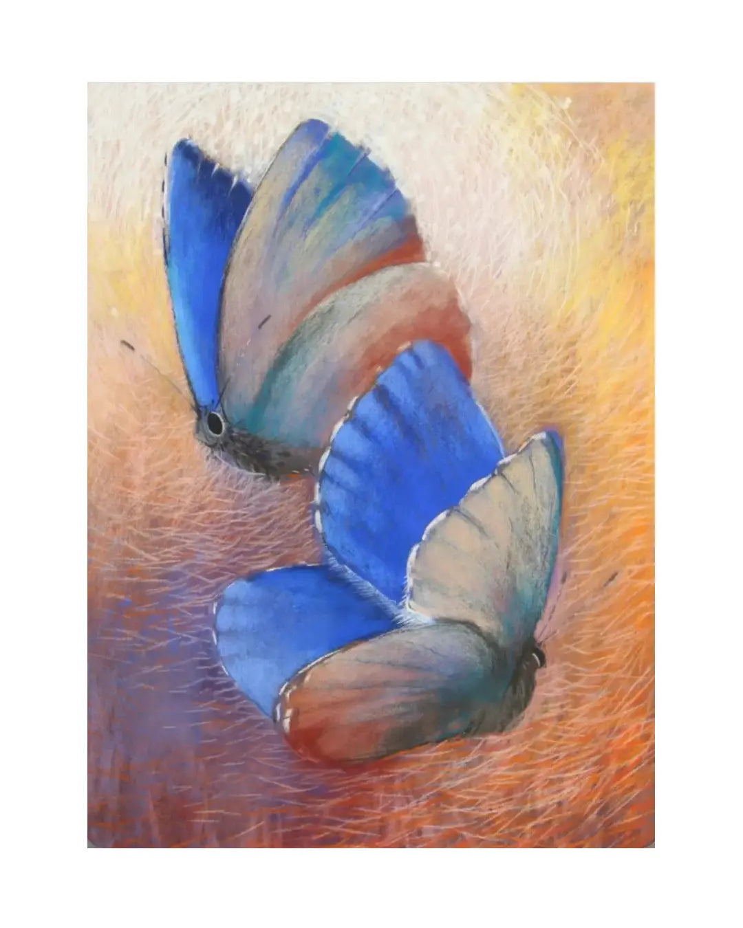 Loes Botman's artistic depiction of two blue butterflies on a textured surface