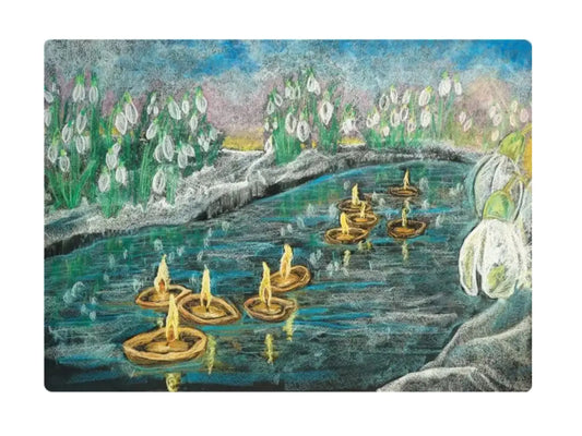 Painting of a steam with floating walnut shell candles and snowdrop flowers for Candlemas celebration