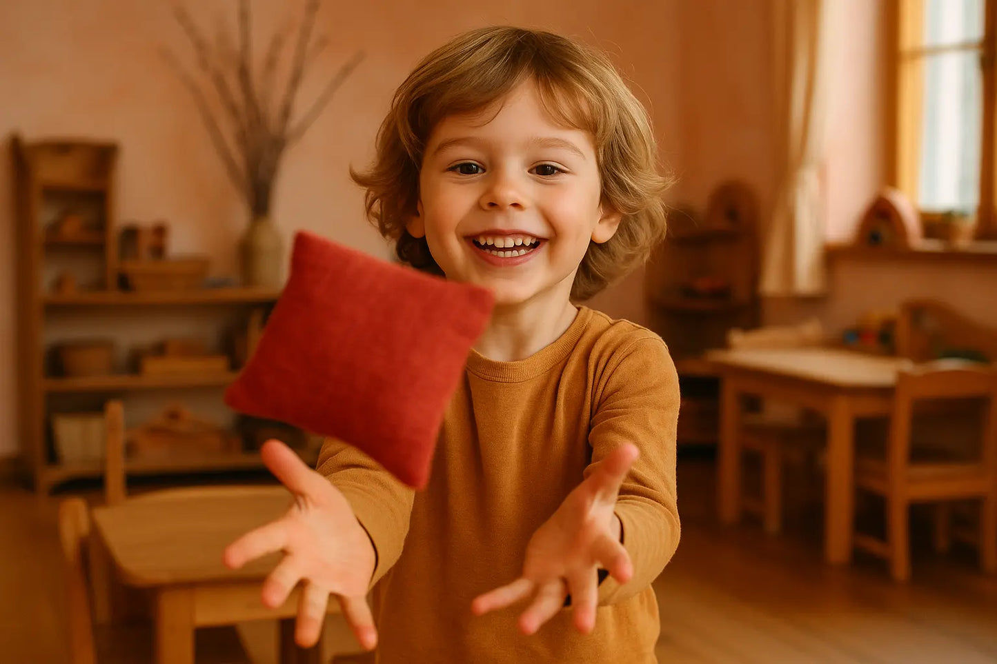 Child catching a red bean bag in a classroom setting
