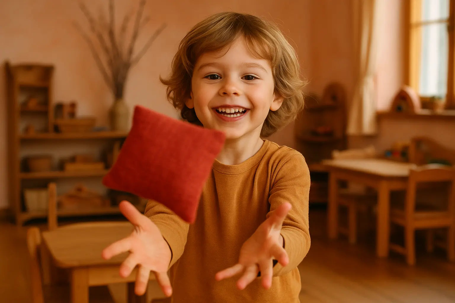Child catching a red bean bag in a classroom setting