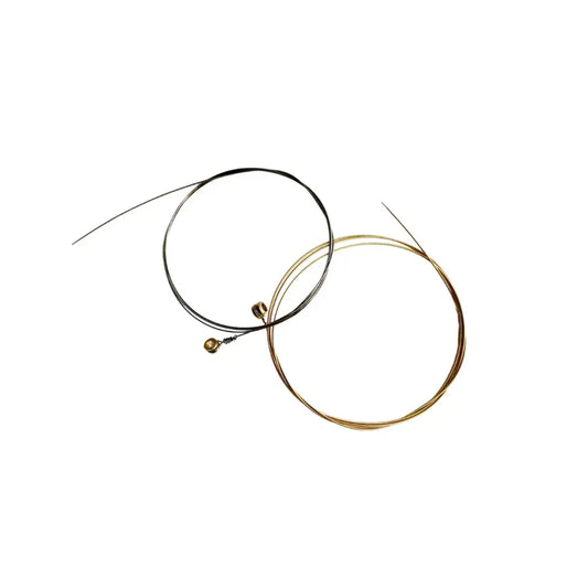 Two guitar strings, one black and one gold, on a white background
