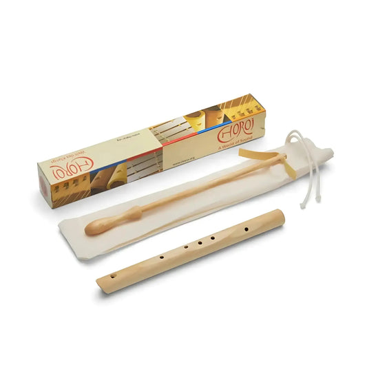 Wooden flute with packaging on a white background