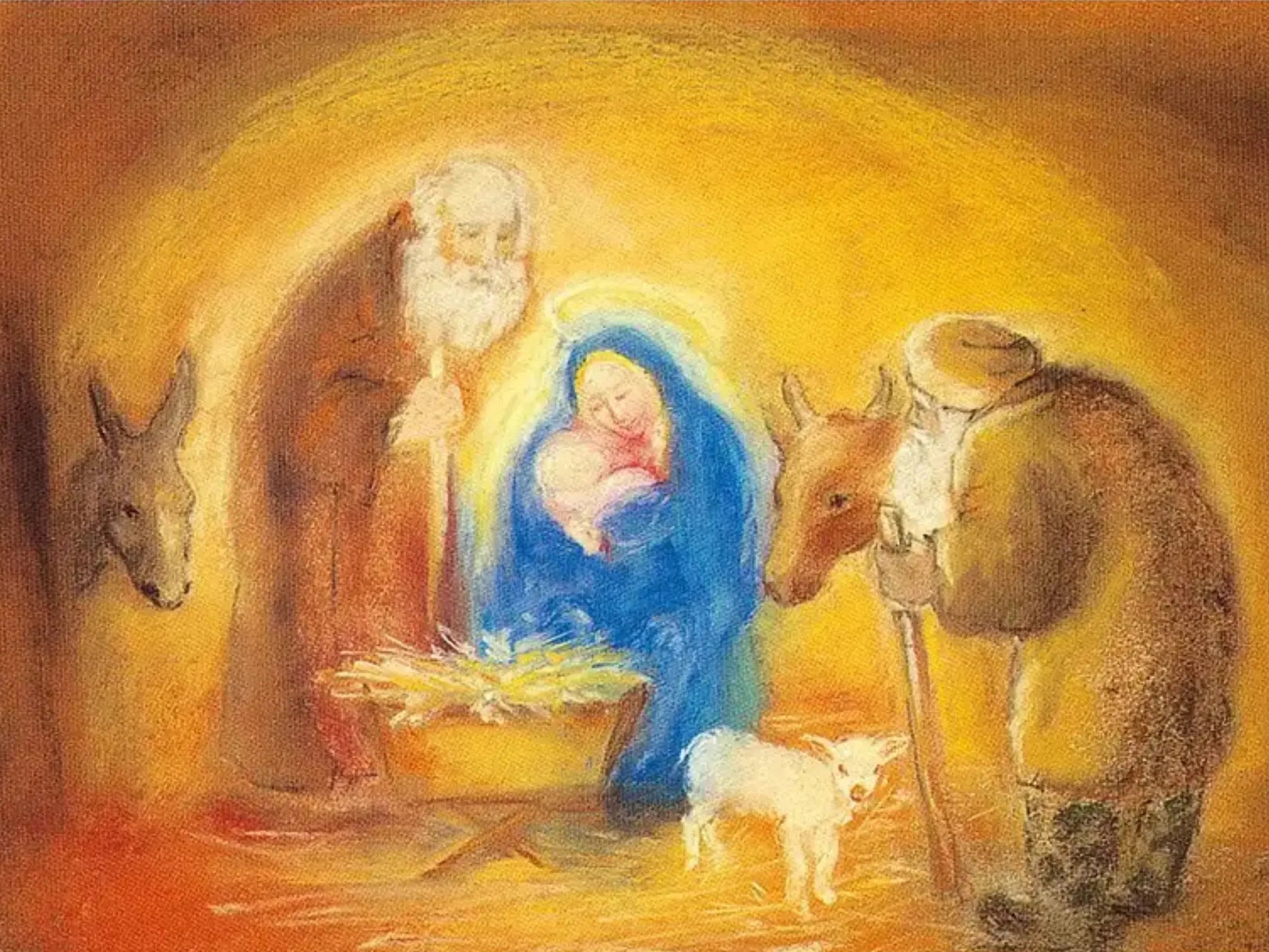 Nativity scene with Mary, Joseph, and baby Jesus surrounded by animals.