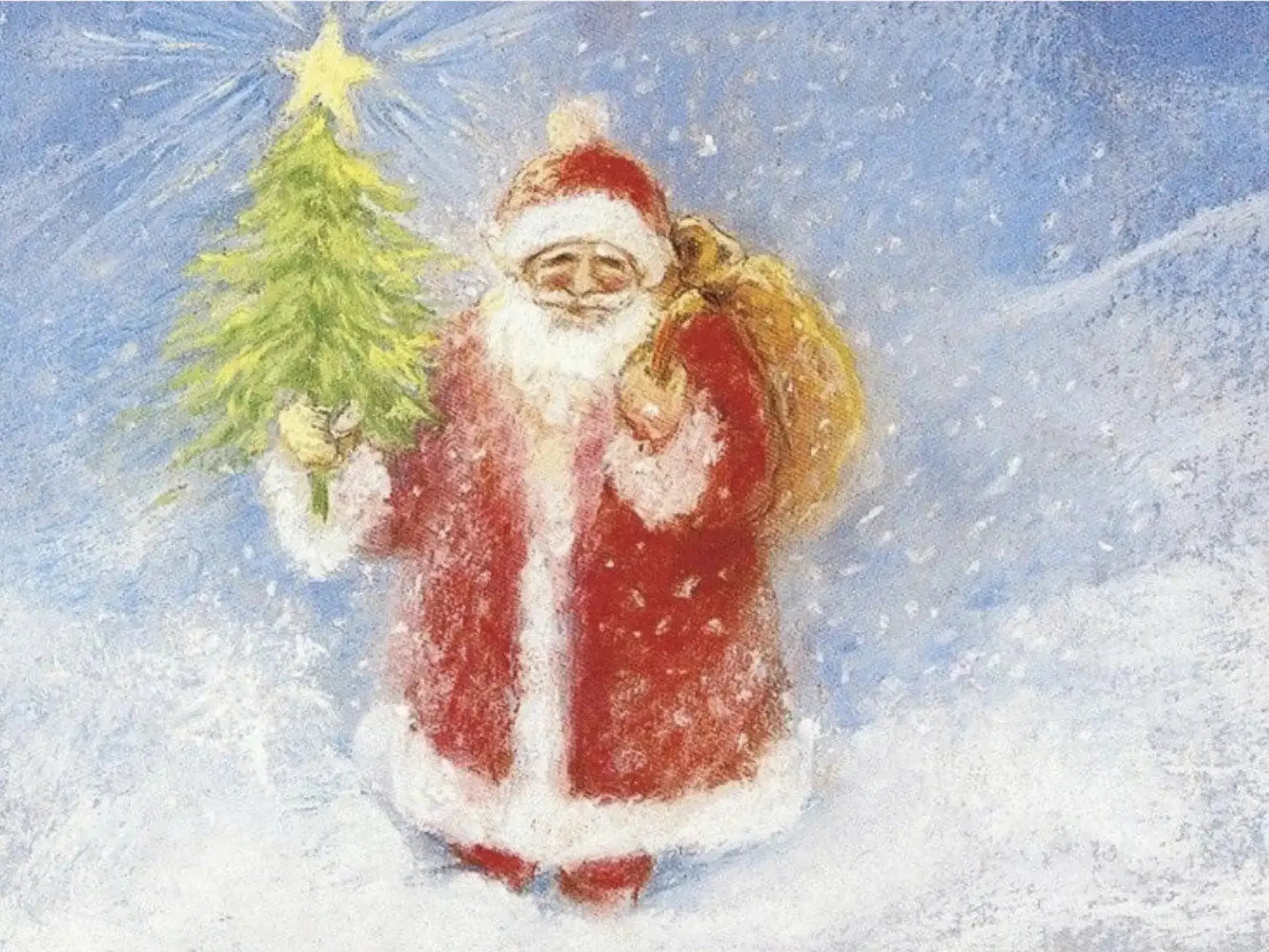 Illustration of Santa Claus holding a Christmas tree and a sack against a snowy background