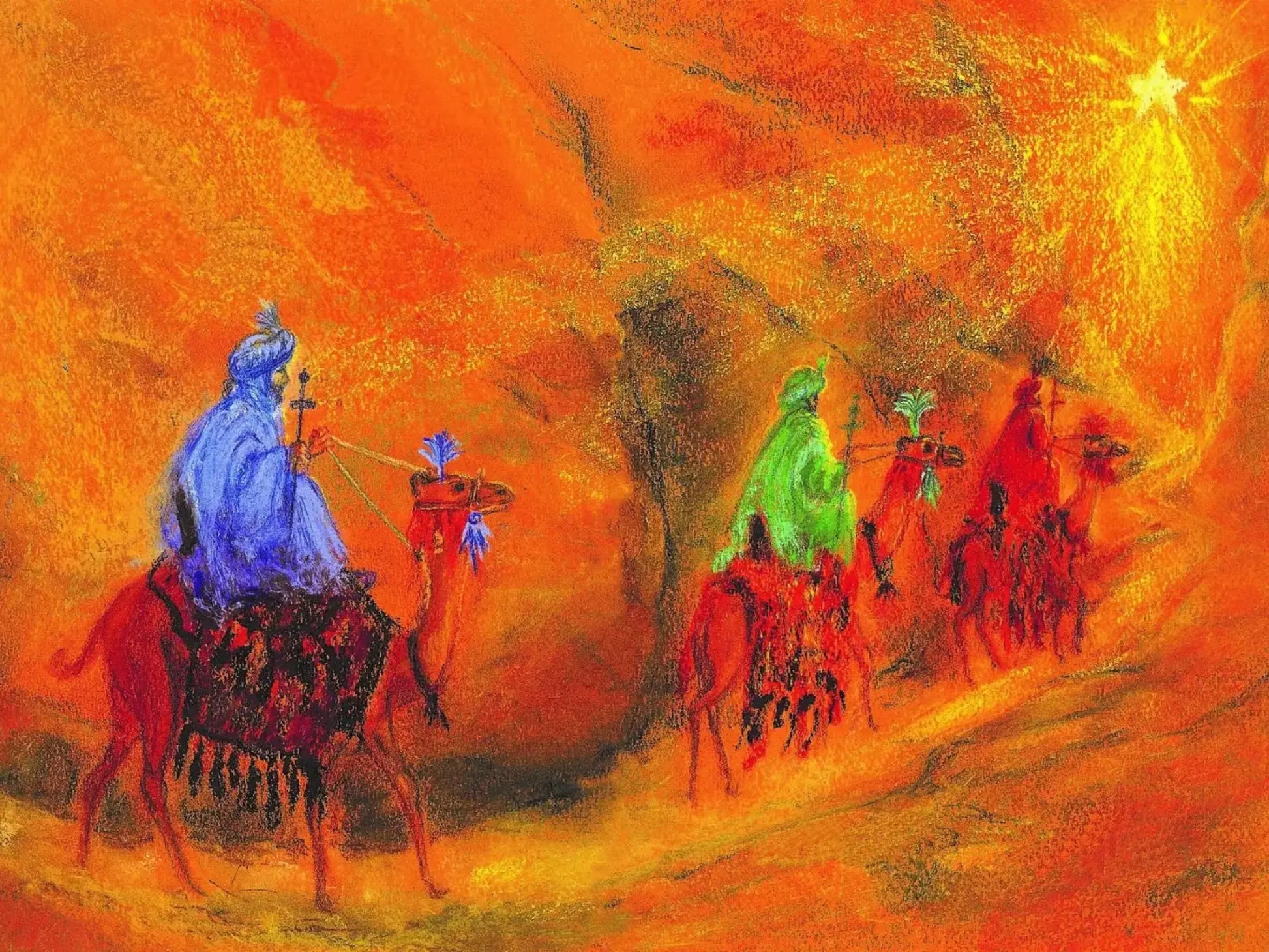 Wise Men Followed the Star postcard showing richly robed Magi in red, green, and violet on camels.