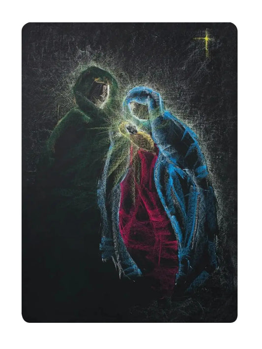 Christmas Card chalkart of Mary, Joseph and baby Jesus with the Christmas Star in the background