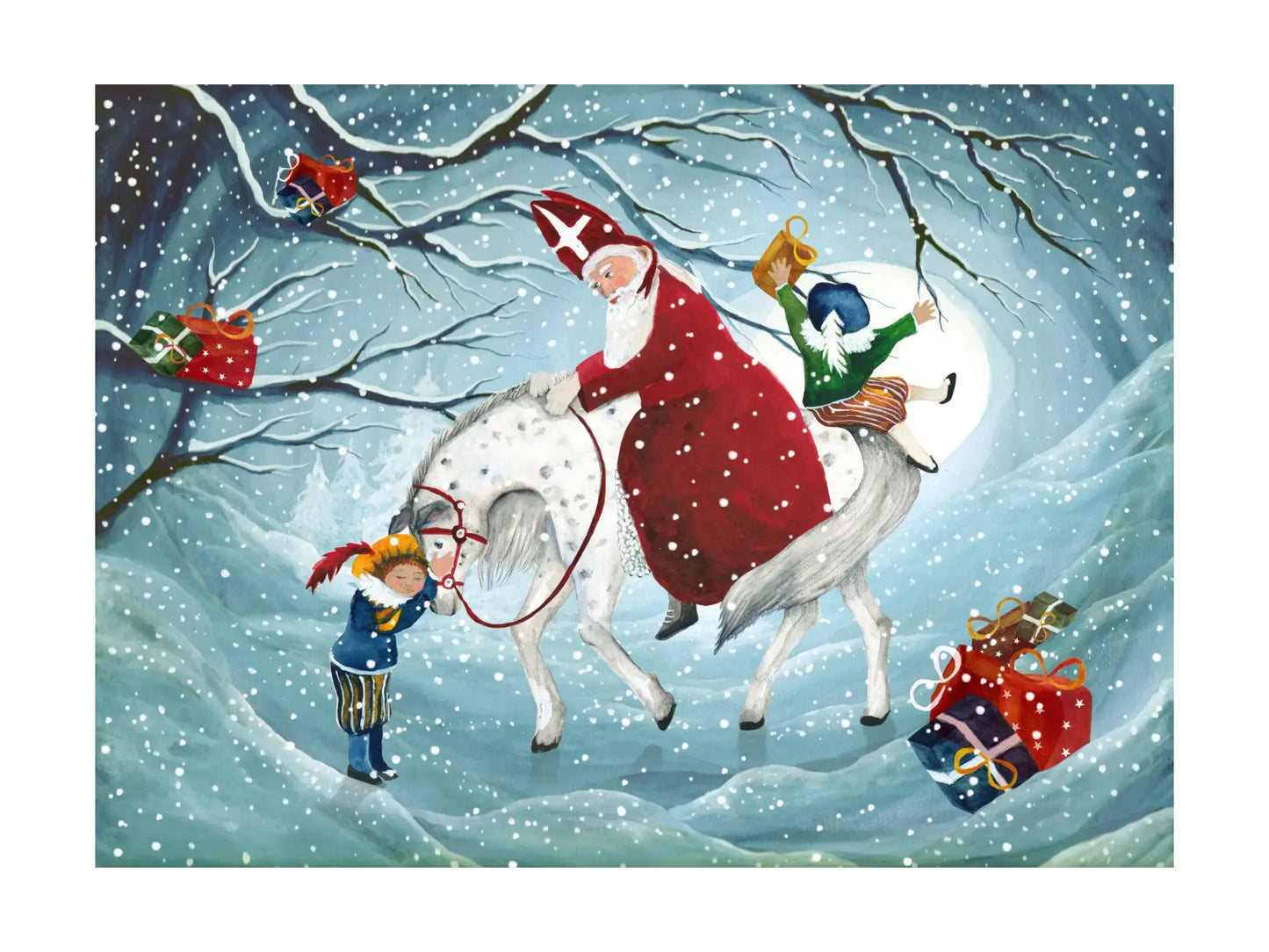 Illustration of Santa Claus riding a white horse with his helpers and gifts in a snowy woodland