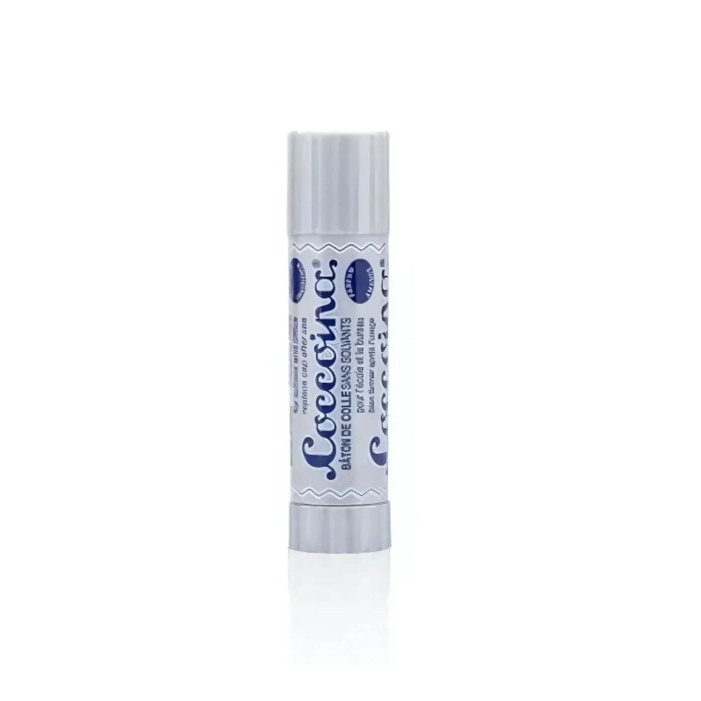 A gray glue stick tube with blue writing of Coccoina on white background