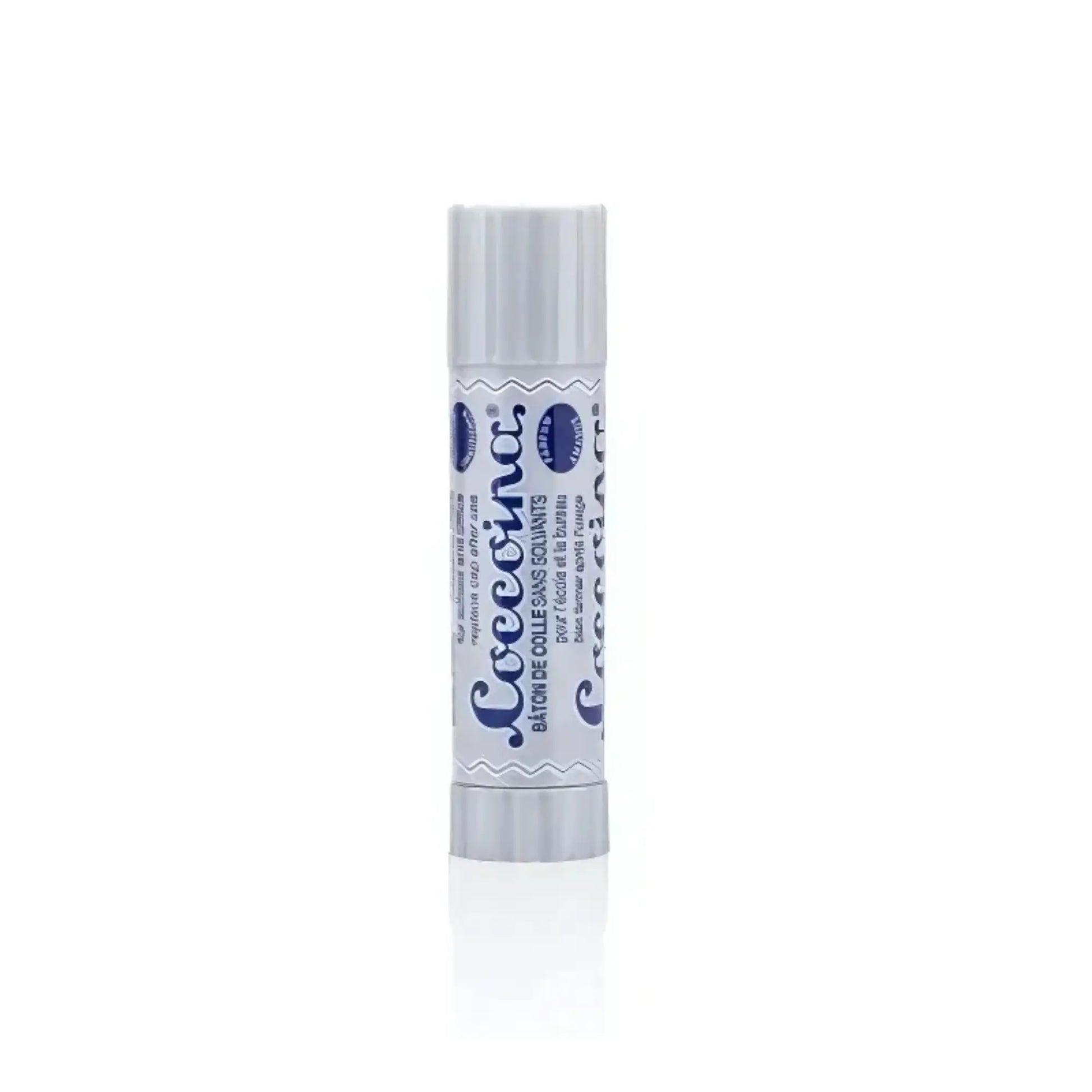 A gray glue stick tube with blue writing of Coccoina on white background