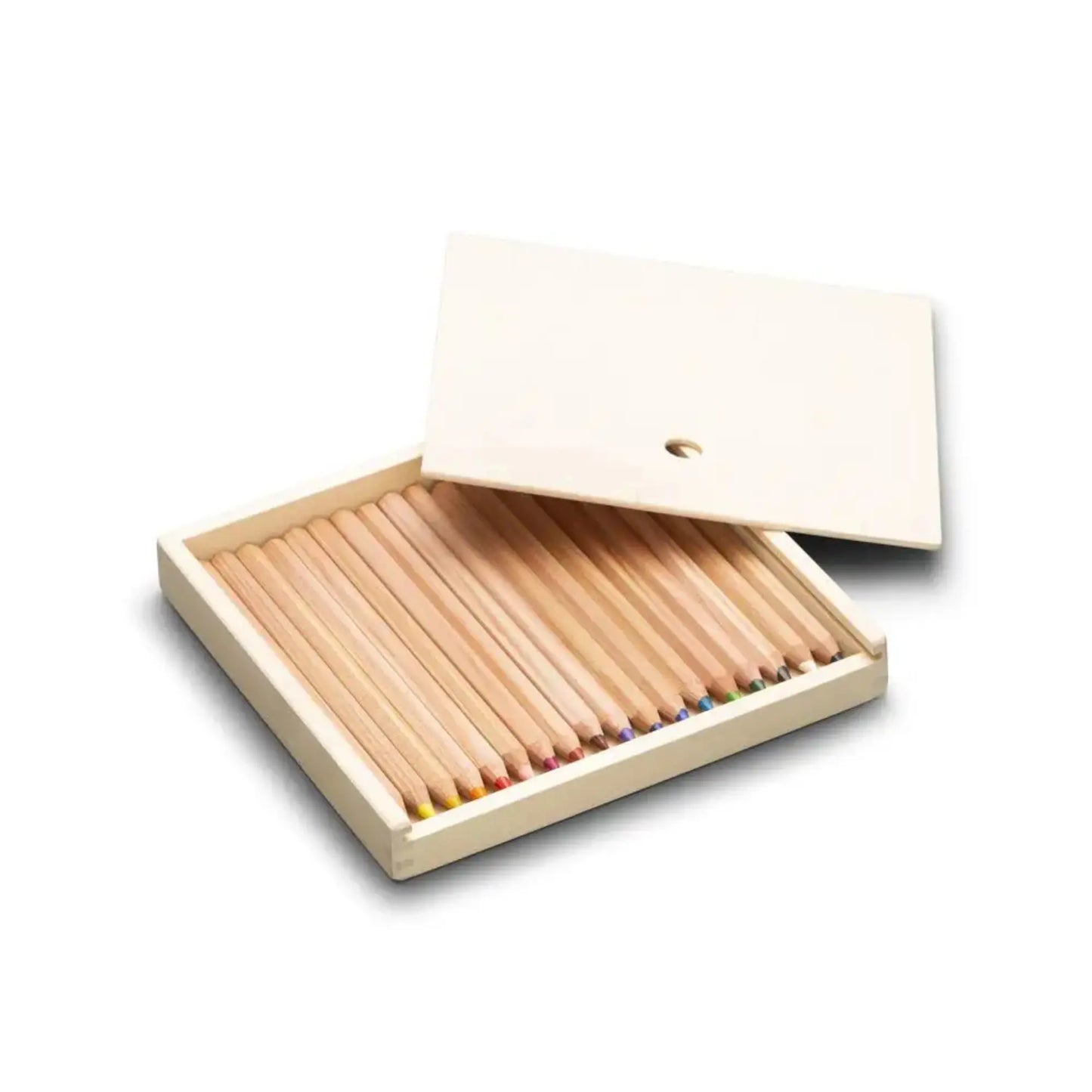 Set of colored pencils in an open wooden box on a white background