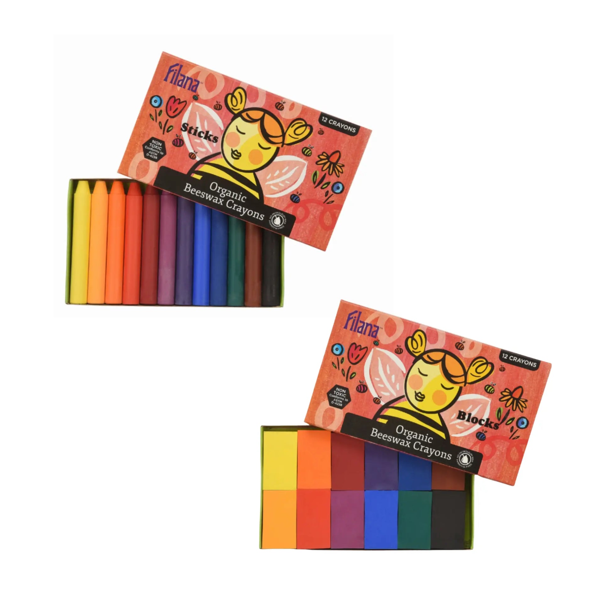 Two boxes of Flora Organic Beeswax Crayons on a white background