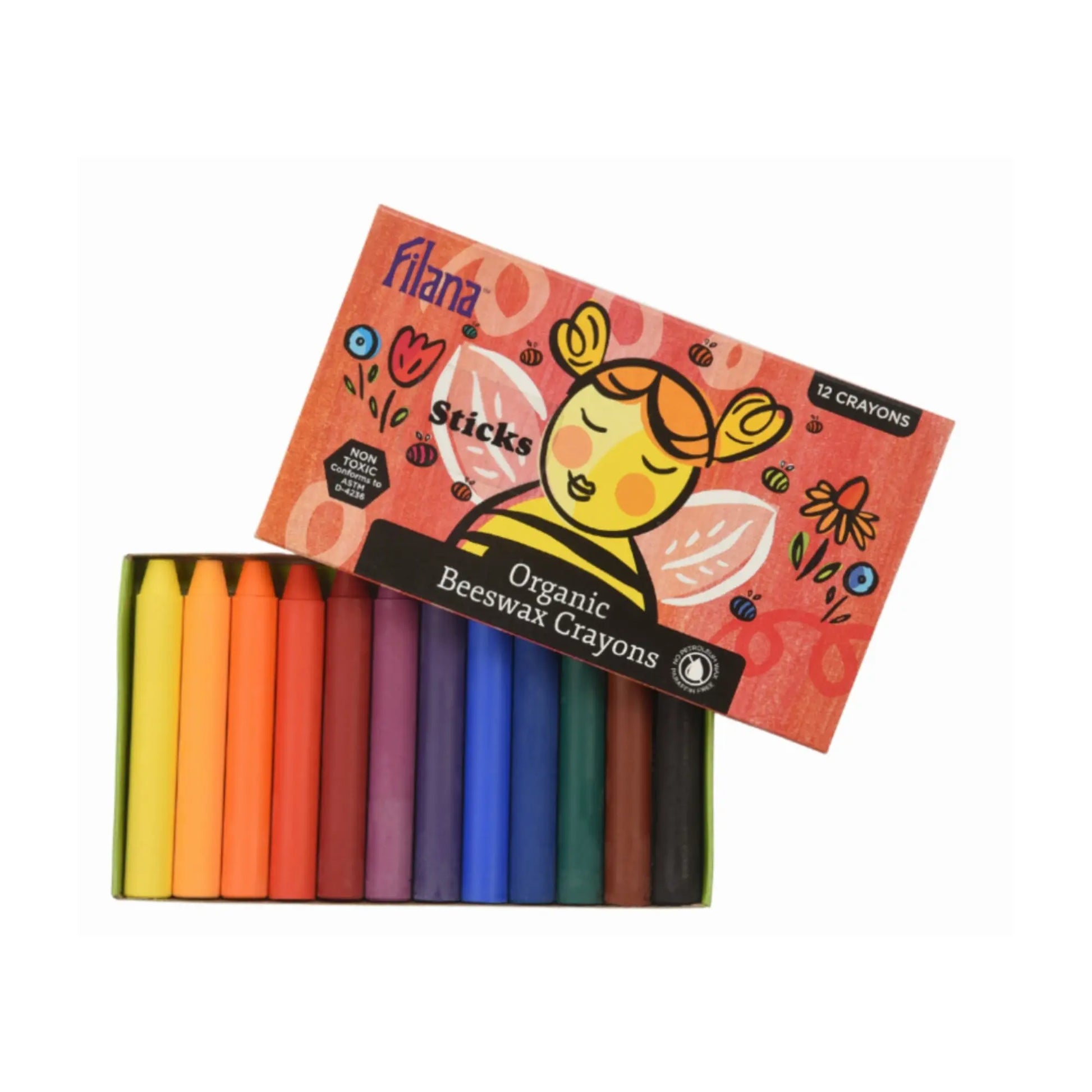 Box of organic beeswax crayons with colorful sticks displayed in front on a white background.