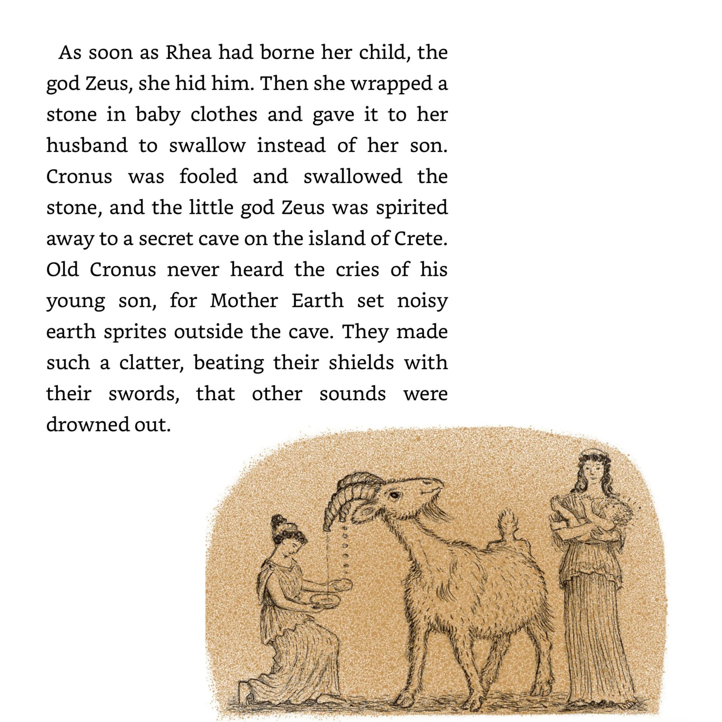 Text about the birth of Zeus with an illustration from D'Aulaires Book for Ancient Greek Mythology for Kids