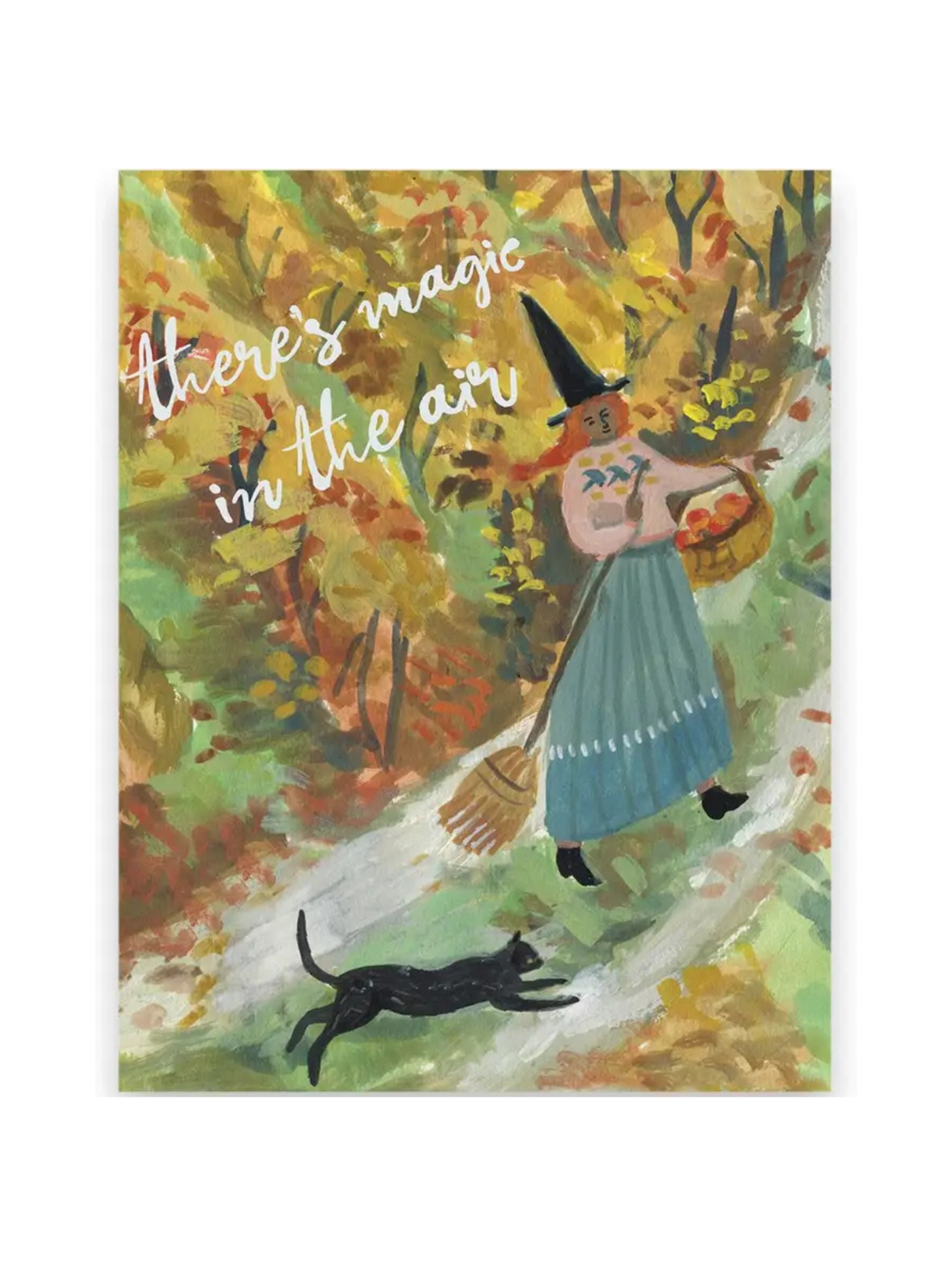 Illustration of a witch with a broom and black cat in a forest with text 'there's magic in the air'.