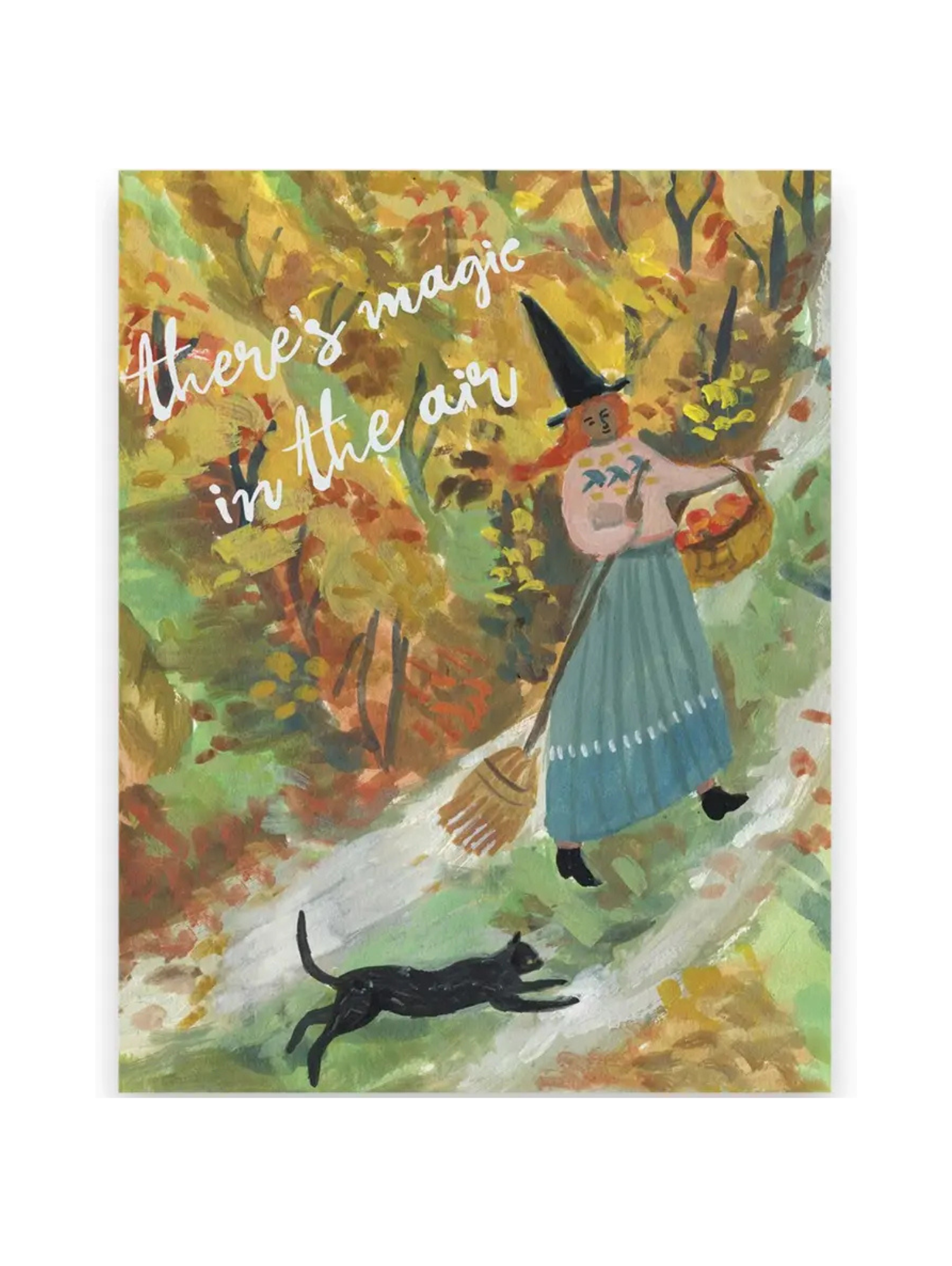 Illustration of a witch with a broom and black cat in a forest with text 'there's magic in the air'.