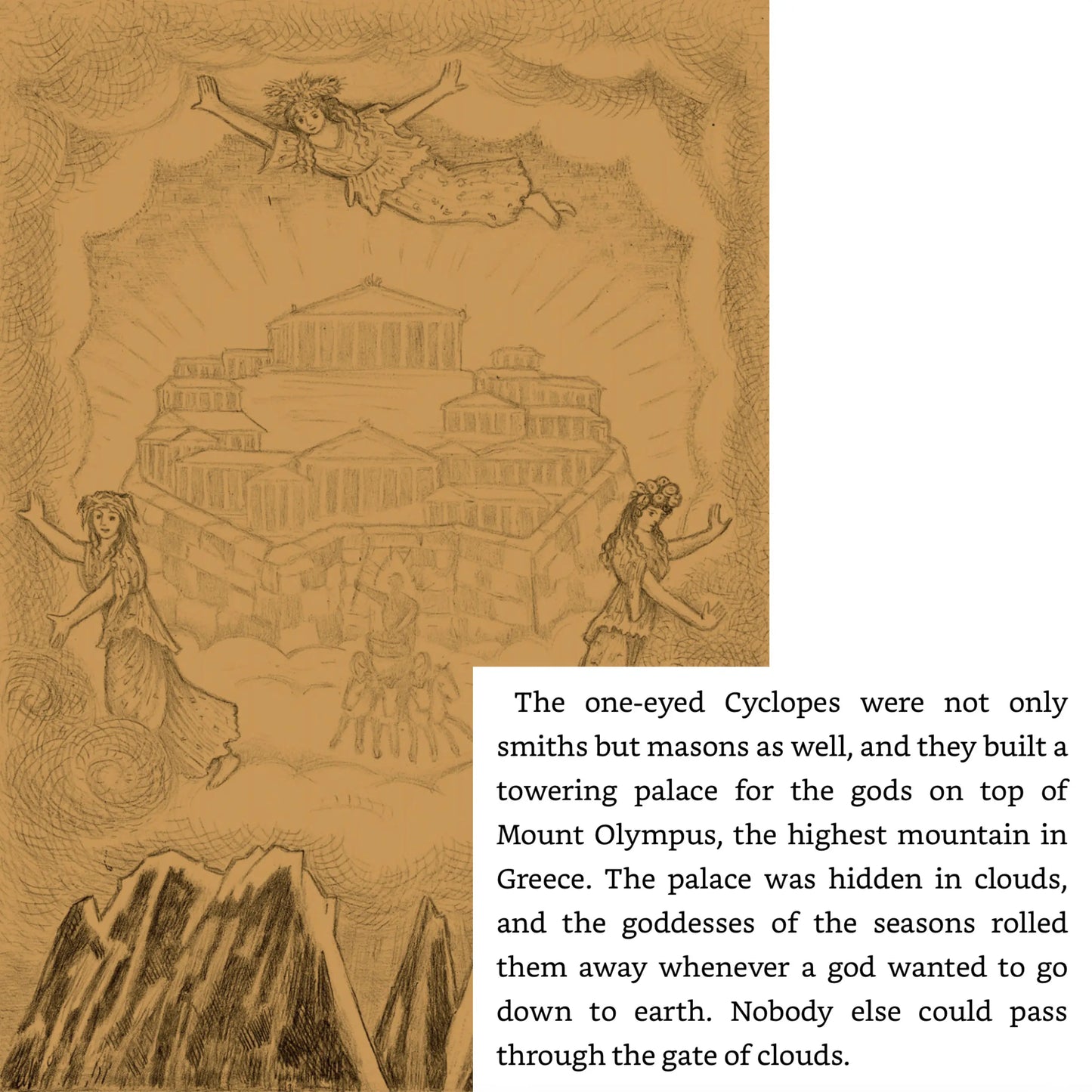 Illustration of a palace on Mount Olympus with Cyclopes from D
Aulaires Greek Mythology for Kidx