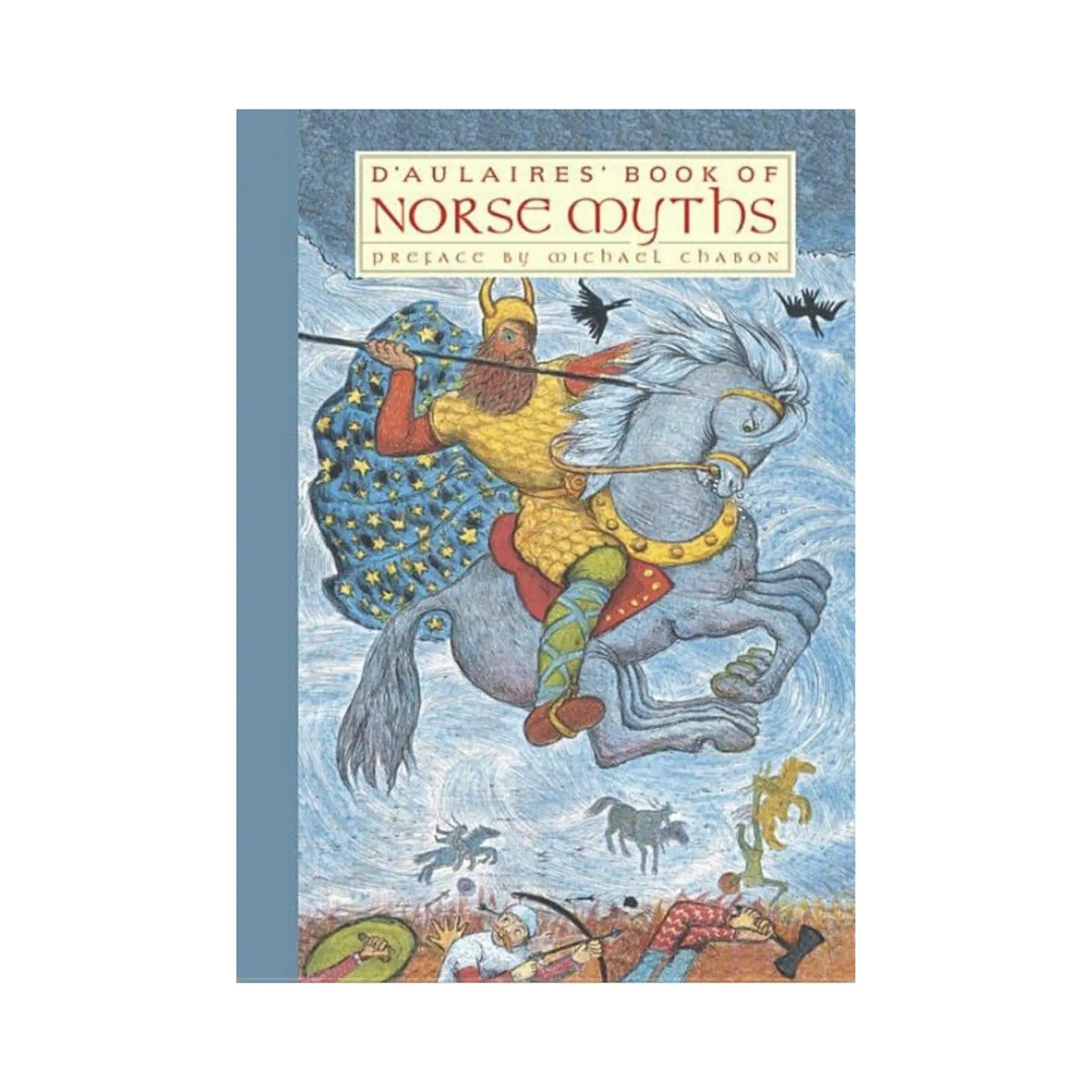 Book cover of 'D'Aulaires' Book of Norse Myths' with a colorful illustration of a warrior on a horse.
