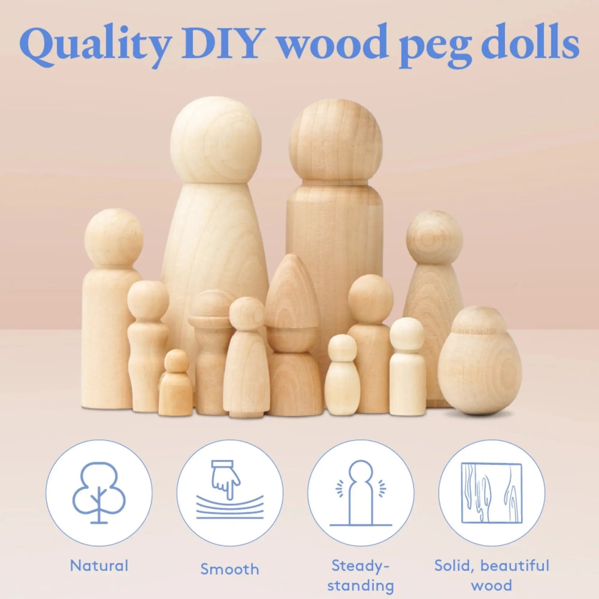 Set of wooden peg dolls with text highlighting quality features on a beige background