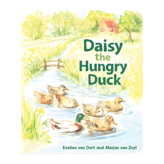 Book cover of 'Daisy the Hungry Duck' with ducks by a river and trees.
