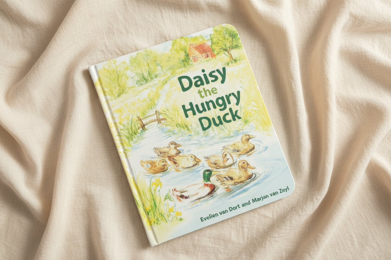 Book cover of 'Daisy the Hungry Duck' with ducks by a river and trees.