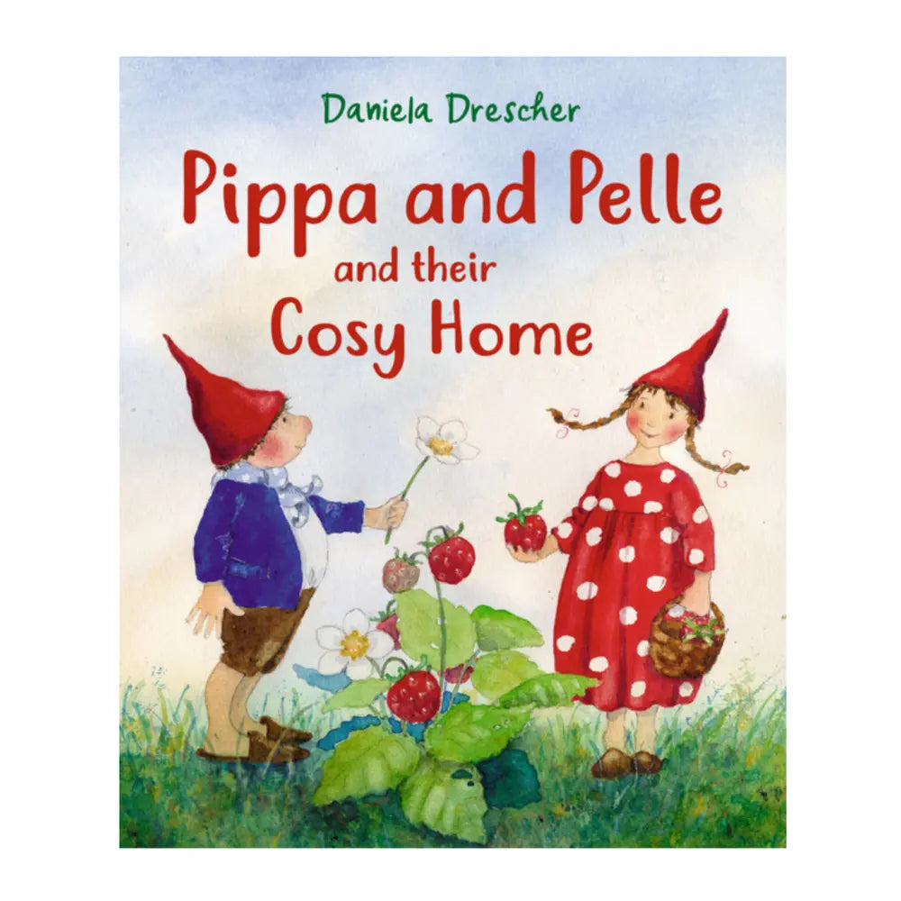 Book cover of 'Pippa and Pelle and their Cosy Home' with illustrations of two children in a garden.