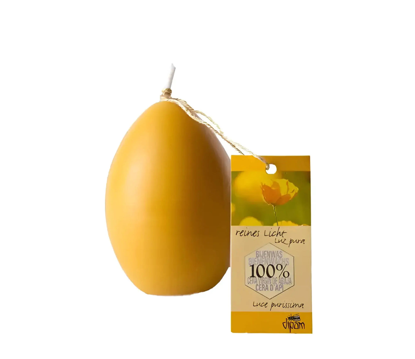 A Dipam Beeswax Egg Candle with it's tag on a white background