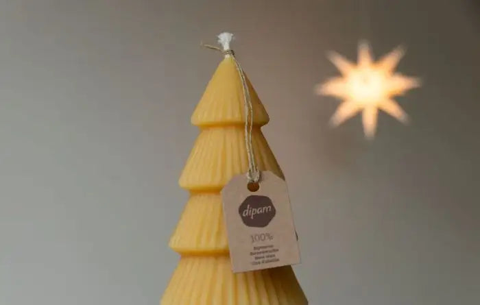 Christmas Tree Candle with a lit star in the background