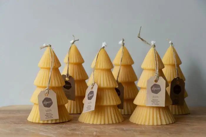 Six Christmas Tree beeswax Candles in a row 