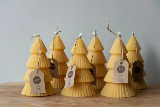 Six Christmas Tree beeswax Candles in a row 