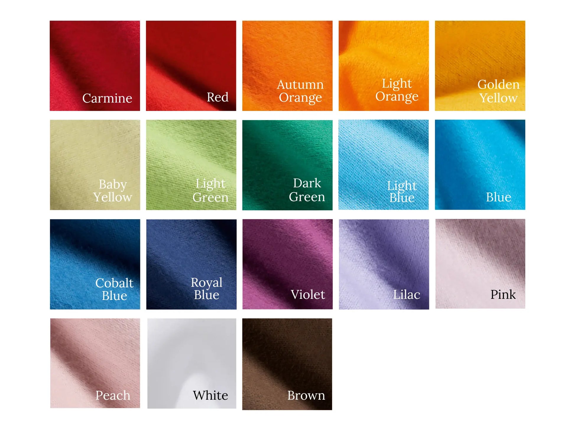 Organic Cotton Flannel color swatches for dollmaking and crafts with name labels on white background