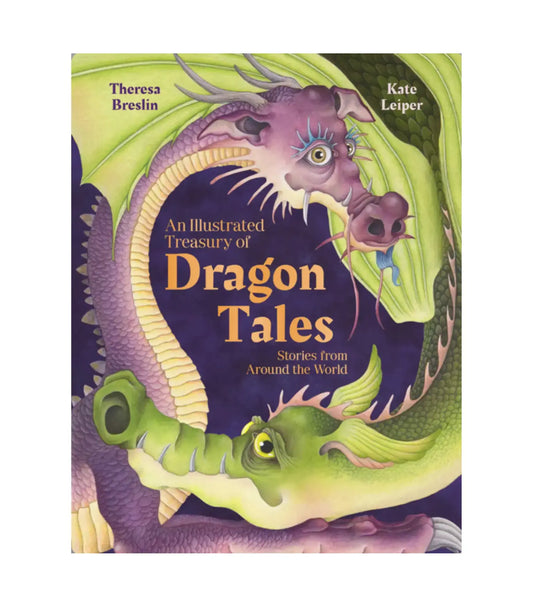 'An Illustrated Treasury of Dragon Tales' book cover with dragon illustration on a purple background