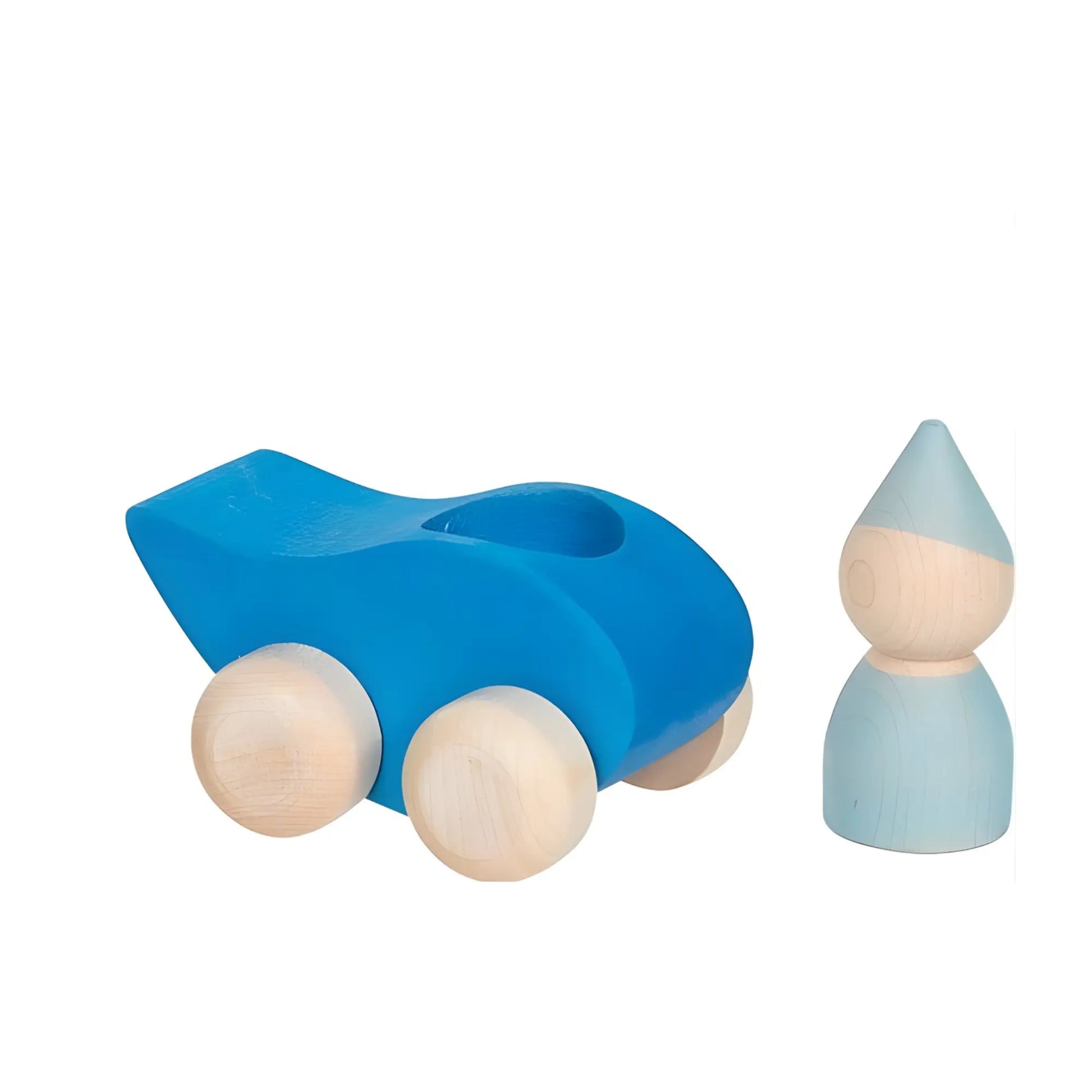 Blue wooden toy car shaped as a water drop with a small gnome figure on a white background