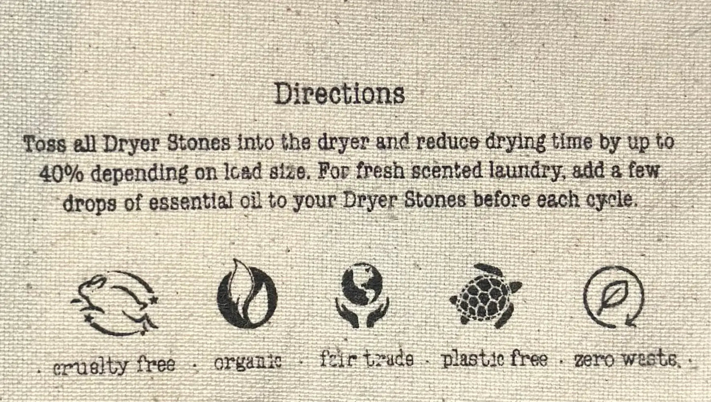 Text and symbols on a textured background about dryer stones with directions and benefits.