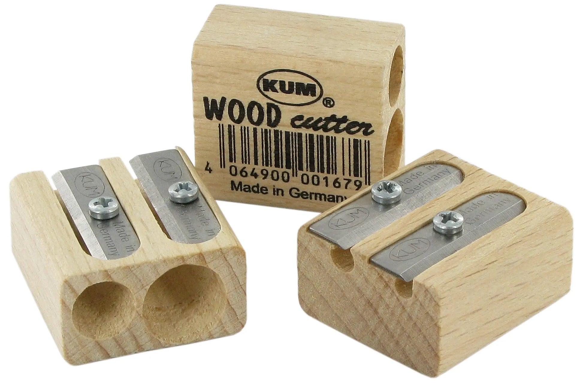 Two wooden pencil sharpeners with metal inserts on a white background, branded 'KUM'.
