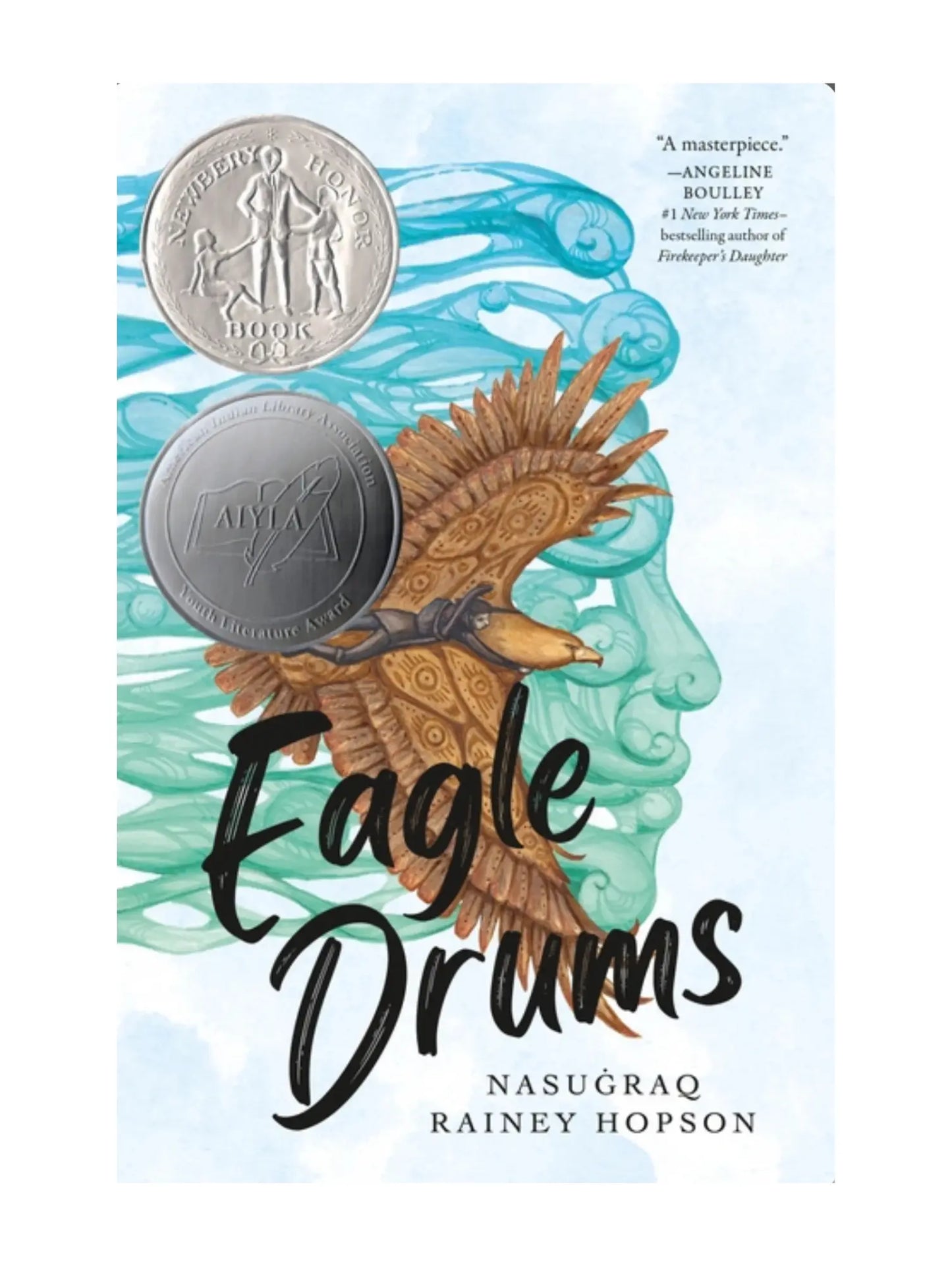 Book cover of 'Eagle Drums' with a stylized eagle and silver disc on a light blue background