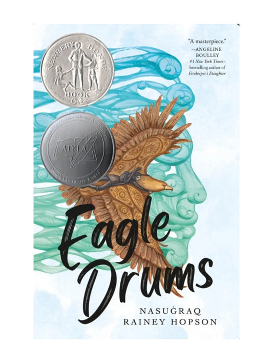Book cover of 'Eagle Drums' with a stylized eagle and silver disc on a light blue background